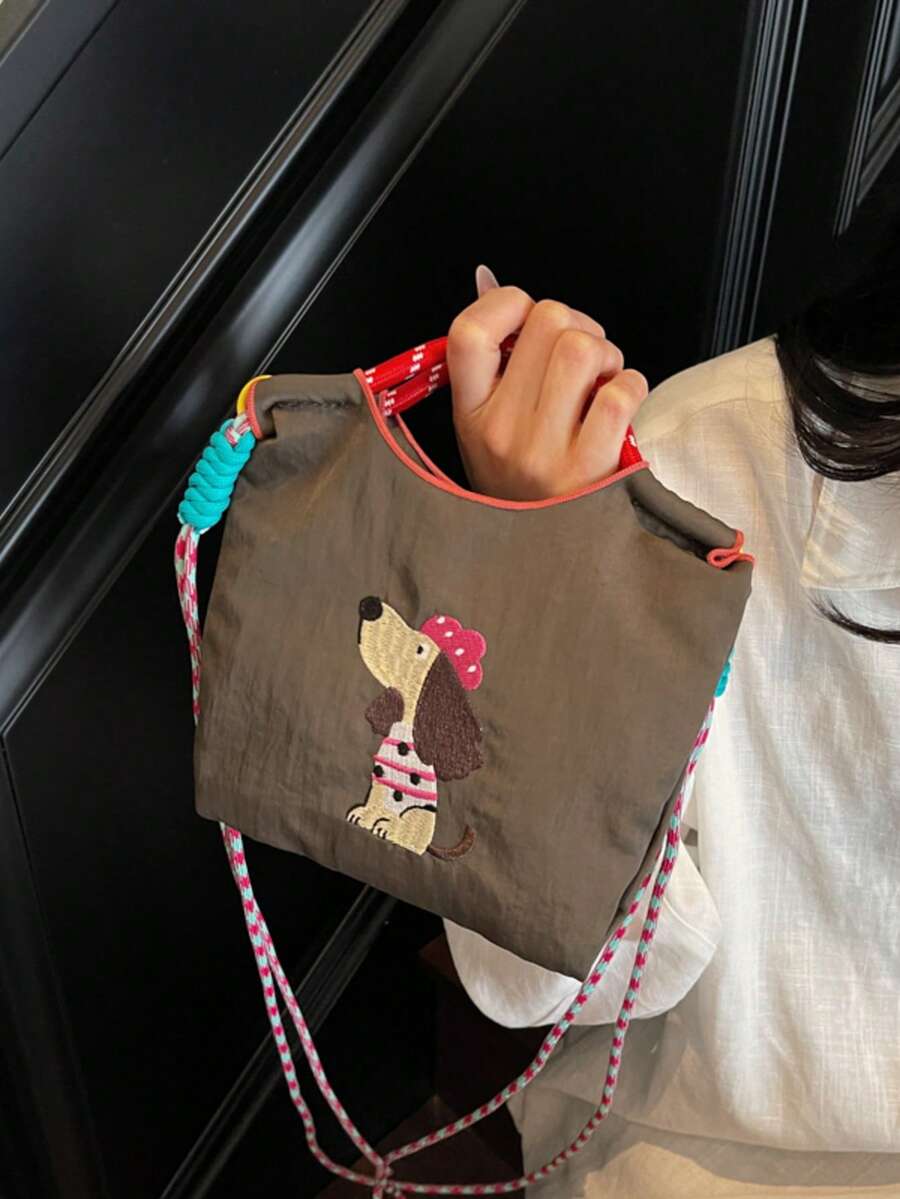 Ins療癒系卡通小狗刺繡小包，輕量可水洗布料，多色可選，女款通勤旅行便攜斜挎包，附可拆卸肩帶手提包