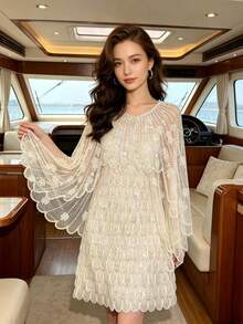 1件女款奢華手工亮片珠飾披肩，高端優雅時尚幻彩披風，婚禮披肩短外套，可搭配細肩帶洋裝，適合萬聖節、聖誕節及其他節日派對穿搭，女款沙灘罩衫，網紗披肩 - 米杏色 - 查看 3