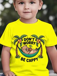 Fashionable Short-Sleeved T-Shirt For Children In Summer With The Print "DON'T WORRY BE CAPPY" And A Cartoon Capybara Lying In A Green Hammock Among Coconut Trees, Casual Top For E - 墨綠色 - 查看 11
