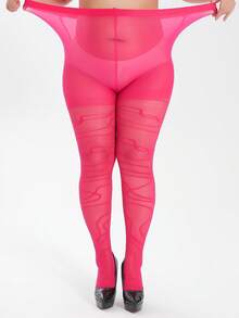 MOIRÉALLURE 1-Pair Women's Plus Size Stockings, Fashionable Rose Red Asymmetric Striped Jacquard Base Tights, Casual And Easy-Matching - Hot Pink - View 4
