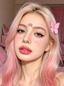 Pink Flower 3D Glitter Face Gems Y2K Self-Adhesive Rhinestones, DIY Concert Disco Party Shiny Face Decoration - Pink - View 3