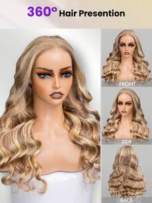OQ Wig Depan Tanpa Lem, Warna Campuran Cokelat Emas Bergelombang, Ukuran 6x4 Inci, HD Seamless, Kepadatan 180%, Rambut Manusia 22-28 Inci, Rambut Perawan yang Belum Diproses, Termasuk Hadiah Gratis, Pengiriman Gratis - S4/27/613 - View 5