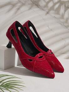 Women's Red Hollow Out Pointed Toe Stiletto Heel Pumps, Evening Party Fashion Shoes - Red - View 6