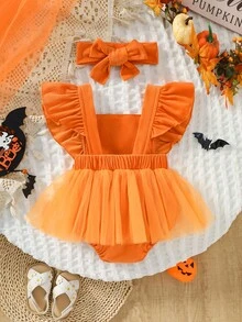0-18M Baby Girl Autumn Halloween Pumpkin Smiling Face Patchwork Flutter Sleeve Mesh Tutu Dress & Bow Headband 2pcs Set Infant Romper - Multicolor - View 2