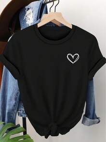 Camiseta con Estampado Gráfico de Amor, Manga Corta, Cuello Redondo, Top Casual, Verano y Primavera, Ropa de Mujer - Negro - Ver 1