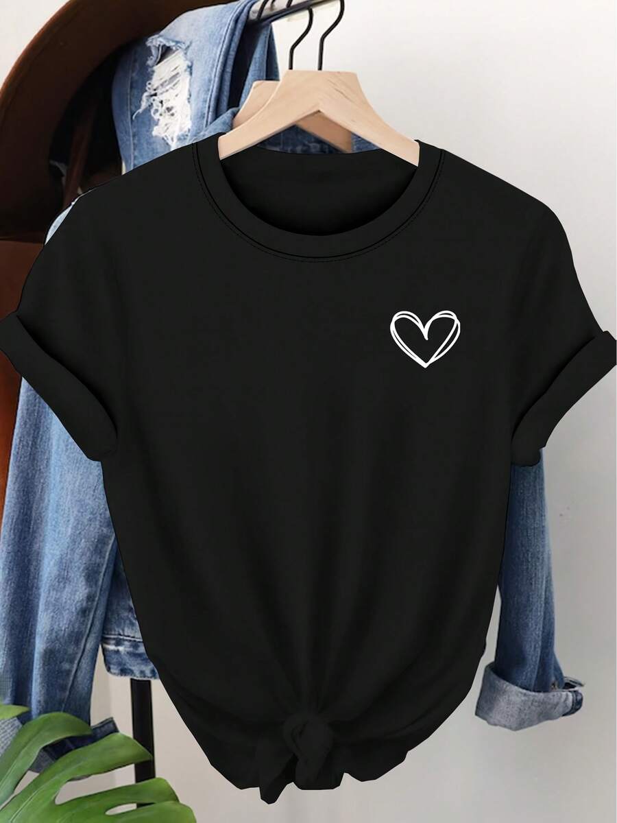 Camiseta con Estampado Gráfico de Amor, Manga Corta, Cuello Redondo, Top Casual, Verano y Primavera, Ropa de Mujer - Negro - Ver 1