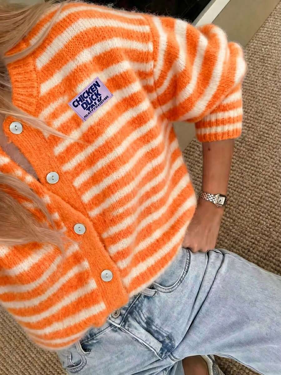 Autumn/Winter New Fashion Casual Minimalist Knitted Button Jacket Basic Tops, Back To School, 6% Wool, Y2K Women, Tops For Going Out, Country Fall - Orange and White - View 1