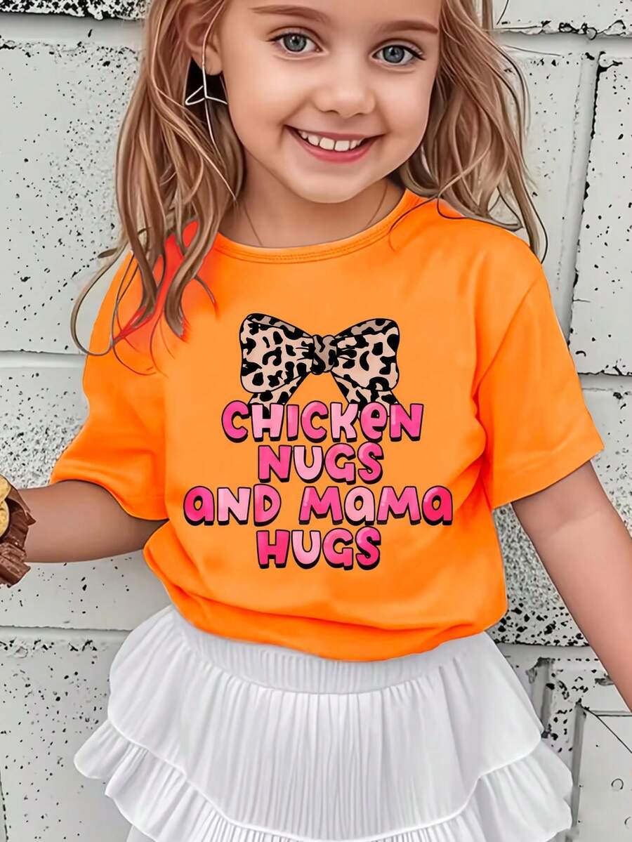 Girl's T-Shirt With The Inscription "Chicken Nugs And Mama Hugs" And A Leopard Print Bow, Modern, Casual And Versatile. - 酒紅色 - 查看 1