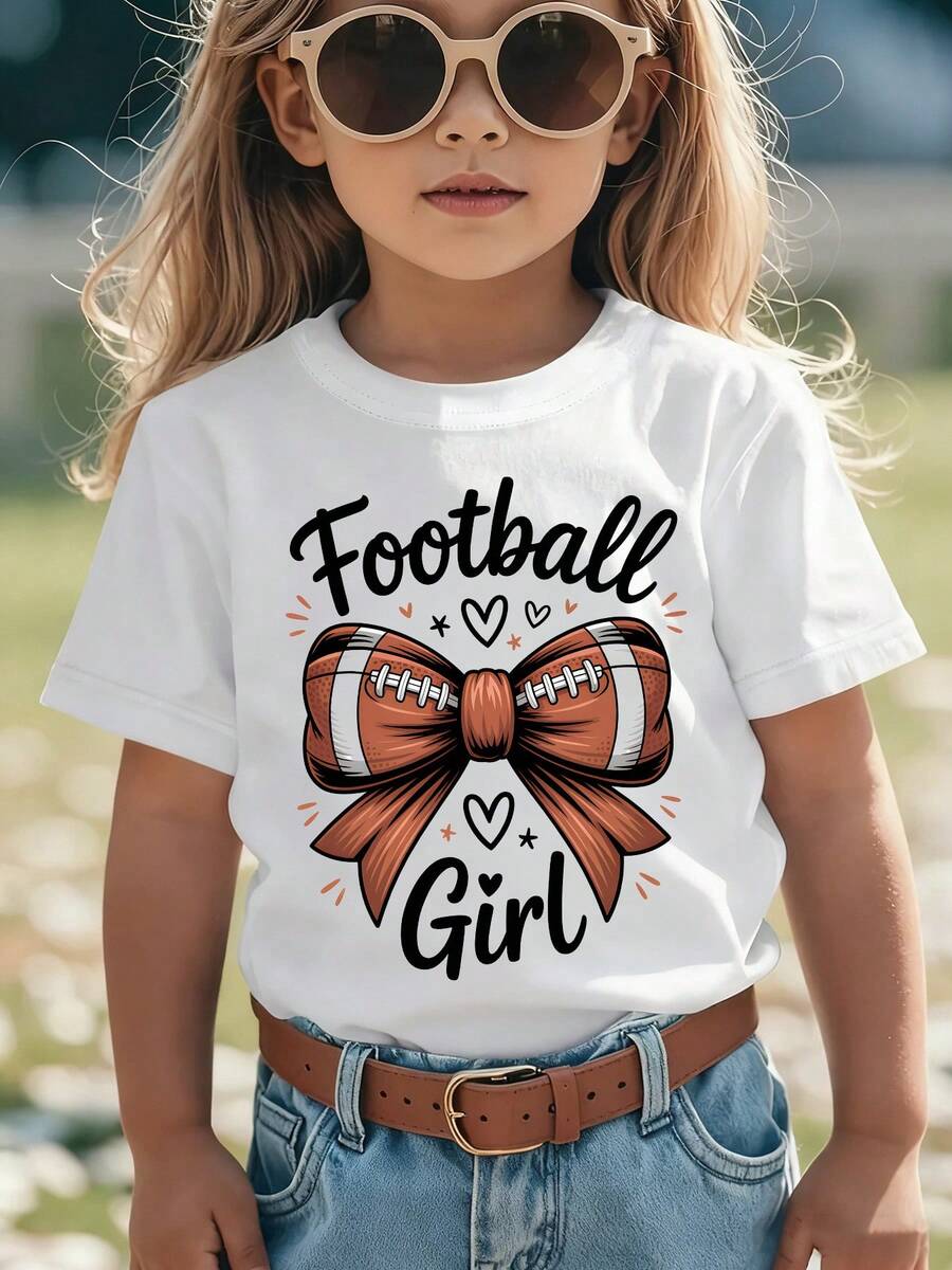 Girls' Short-Sleeved T-Shirt, Summer Style, With "Football Girl" Inscription, Rugby , Bow Print, Versatile Casual Top NY-DX9381 - White - View 1