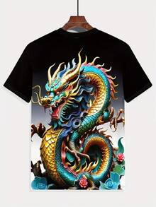 Men's Short-Sleeved T-Shirt, Size, With 3D Digital Dragon Print, Round Neck, Loose Fit, Casual, For Summer. - Hitam dan Putih - View 11