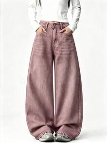 1pc American Street Style Women's Embroidered Loose Wide Leg Jeans Fashion All-Season Long Pants Casual Fall - Red - View 3