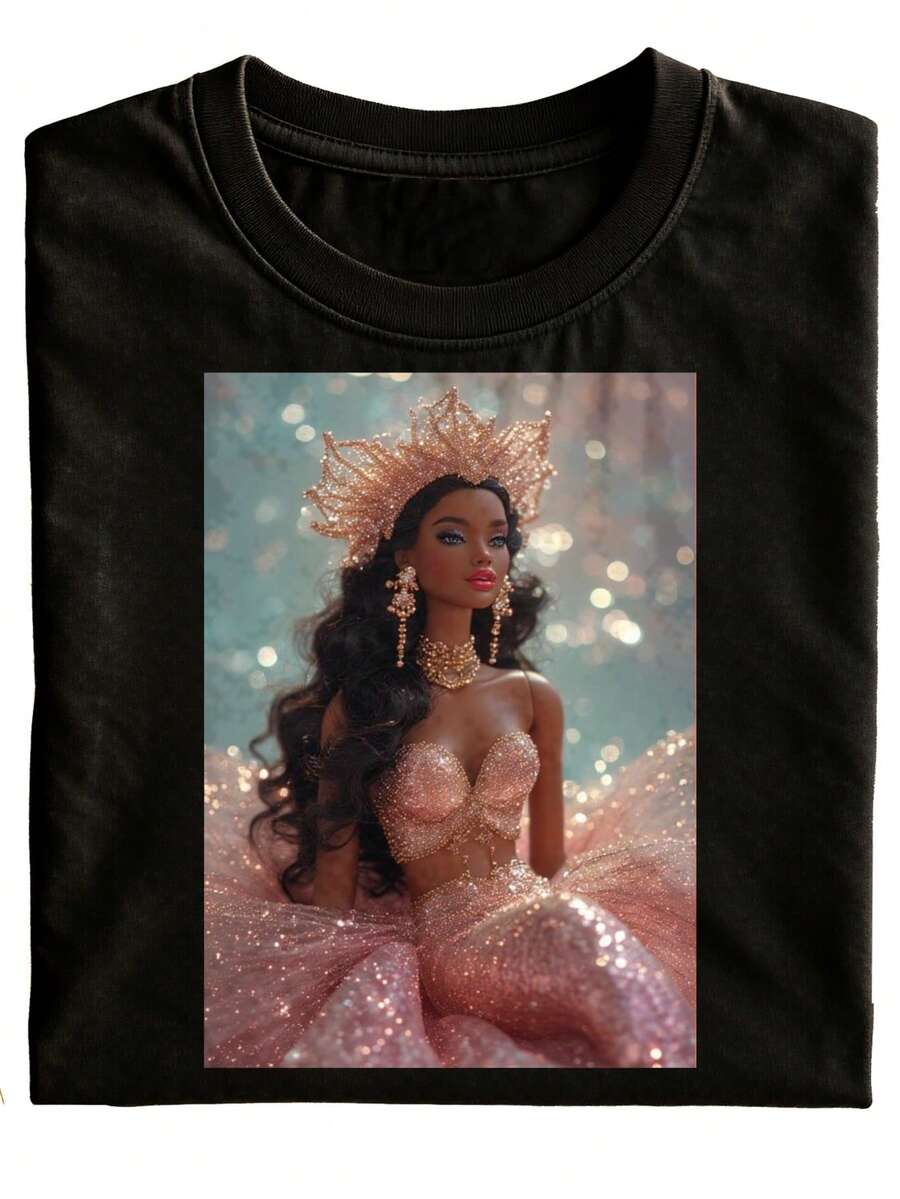 Fantasy Princess Sparkle Queen Mode-T-Shirt mit schwarzem Glitzer-Kronen- und Kleid-Print für Partygeschenk, stilvolle Freizeitkleidung im Urlaubsstil, PLUS SIZE - Schwarz - Übersicht 1
