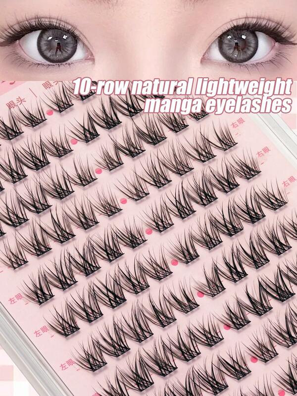 10 Rows Of 100 Natural Curled False Eyelash Clusters, Curled, Natural, Comfortable And Versatile, Anime And Manga False Eyelashes, Suitable For Various Occasions, Portable, Travel, Cross, Natural, Curled, False Eyelash Clusters, Eyelashes
