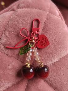 Vintage Red Rhinestone Cherry Key Chain, Bow & Heart Dual Pendant, Sweet Girl Style Bag Charm, Car Key Chain, Unique Delicate Gift For Best Friend Gifts For Mother, Father, Graduation, And Teacher - Multicolor - View 17