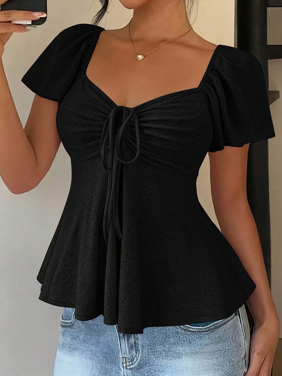 Women's T-Shirt, Modern And Elegant, New For Spring/Summer, Y2K Style, Solid Color, Jacquard, Comfortable And Breathable, With V-Neck, Adjustable Drawstring And Short Sleeves - 黑色 - 查看 1
