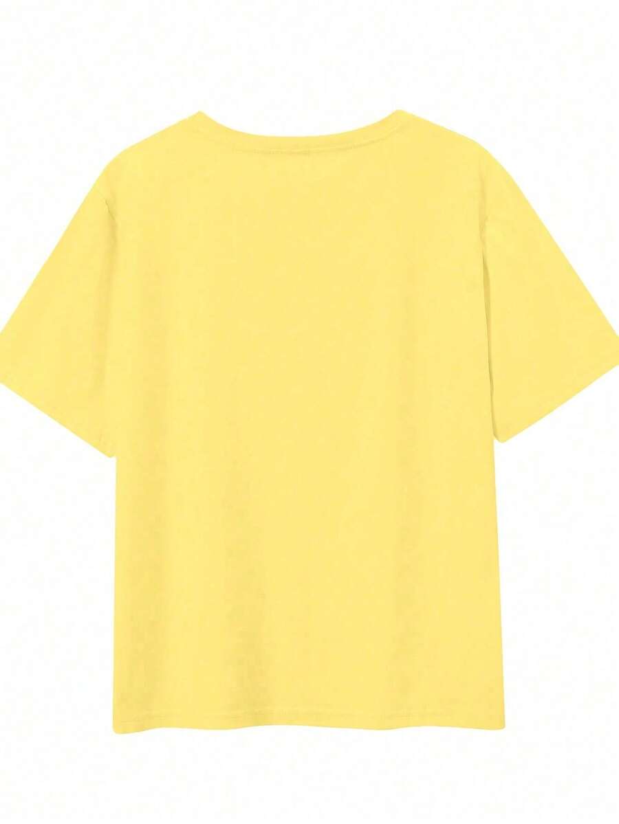 Short-Sleeve T-Shirt With Round Neck And Lemon And Letter Print - Soft, Breathable, Micro-Elastic, Casual Top For Summer And Spring - Kuning 3 - View 1