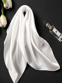 1pc Soft Solid Color Minimalist Polyester Silk-Like Square Scarf, Headband Headwrap, Suitable For Styling - White - View 4