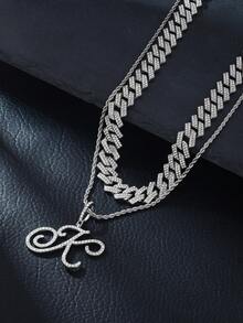1pc Elegant Shiny Cursive Letter Pendant Necklace, Designed For Men, Combines Fashion And Luxury, Suitable For Parties, Banquets, Holiday Celebrations, Christmas And Other Occasions, Also Can Be Worn As Daily Wear Gift Jewelry, Versatile And Tasteful - Double-layered Hip-hop Letter Necklace - View 44