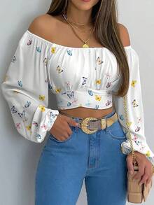 Elegant Women's Blouse With Bohemian Print, Short Loose Lantern Sleeves, Off-Shoulder, For Summer - 白色 - 查看 5