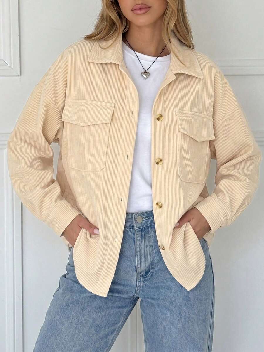 Women's Ribbed Corduroy Shacket With Pockets And Shirt Collar, Long Sleeve Regular Fit Woven Outerwear, Suitable For Autumn/Winter - Apricot - View 1