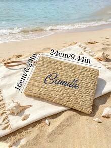 Bolso de mano de paja tejida personalizado con nombre, bolso de estilo bohemio con cremallera y correa de muñeca, bolso de maquillaje para damas de honor, bolso de mano para vacaciones de verano en la playa - Multicolor - Ver 7