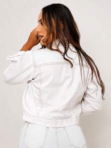 Women's Cropped Short Denim Jacket With Iron-On Button Hem - Mother's Day - Cream - View 2