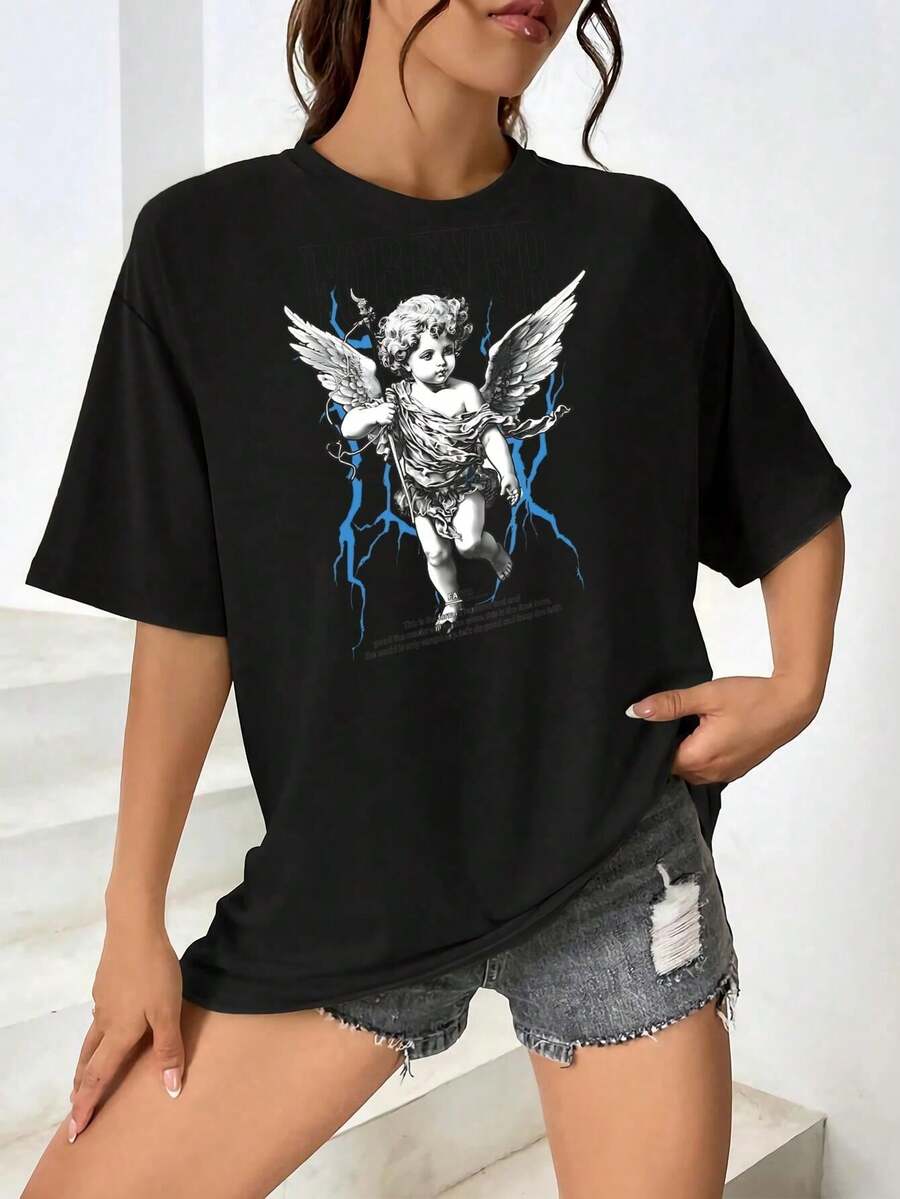 camisetas de mujer con estampado de relámpago, camiseta estampada de ángeles cupidos para siempre fe para mujer - Negro - Ver 1