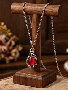 1pc Vintage Bohemian Pomegranate Stone Pendant Necklace, Women's Creative Exquisite Carved Red Personalized Necklace Jewelry Accessory - Light Green Water Drops - View 12