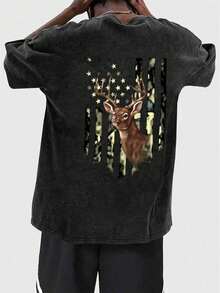 Men's Casual T-Shirt With Deer And Star Print, For Summer And Autumn, Ideal For Outdoor Activities, Soft Fabric, Comfortable Fit, TBDG Graphic T-Shirt - 黑色 - 查看 1