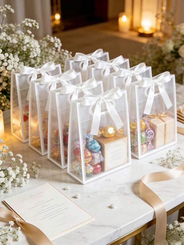 1/3/6/12 Sets Transparent Gift Bags With White Trim And Satin Bows; Reusable Clear PVC Tote Bags; Suitable For Weddings, Bridal Showers, Birthday Gift Wrapping, Baby Showers And Elegant Gift Packaging