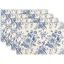 Rectangular Polyester Placemat, Blue And White Chinese Peony Floral And Blue Border Print, Waterproof Heat-Resistant Washable Table Decor Mat, Suitable For Table Decoration And Heat Insulation - Multicolor - View 2