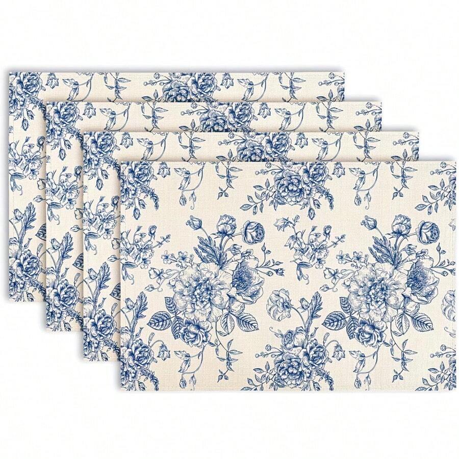 Rectangular Polyester Placemat, Blue And White Chinese Peony Floral And Blue Border Print, Waterproof Heat-Resistant Washable Table Decor Mat, Suitable For Table Decoration And Heat Insulation