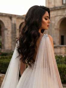2pcs Long Trailing Wedding Shawl With Pearl Decor Brooch, Suitable For Wedding Dress, Gown, Party, Prom - Multicolor - View 8