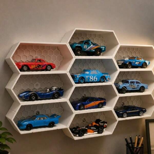 1pc Hexagonal Toy Car Storage Organizer, Stackable Multi-Compartment Space-Saving Design, Modular Honeycomb Wall-Mounted Display Rack, PLA Material, Suitable For Alloy Model Cars, RC Car Collection, Model Room Desktop/Shelf Display Box