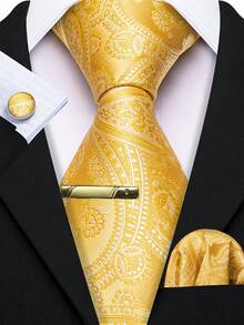 金色佩斯利領帶 4 件組配件套裝，豪華配件適用於婚禮、VIP 接待與高級派對 - 金黃色 - 查看 1