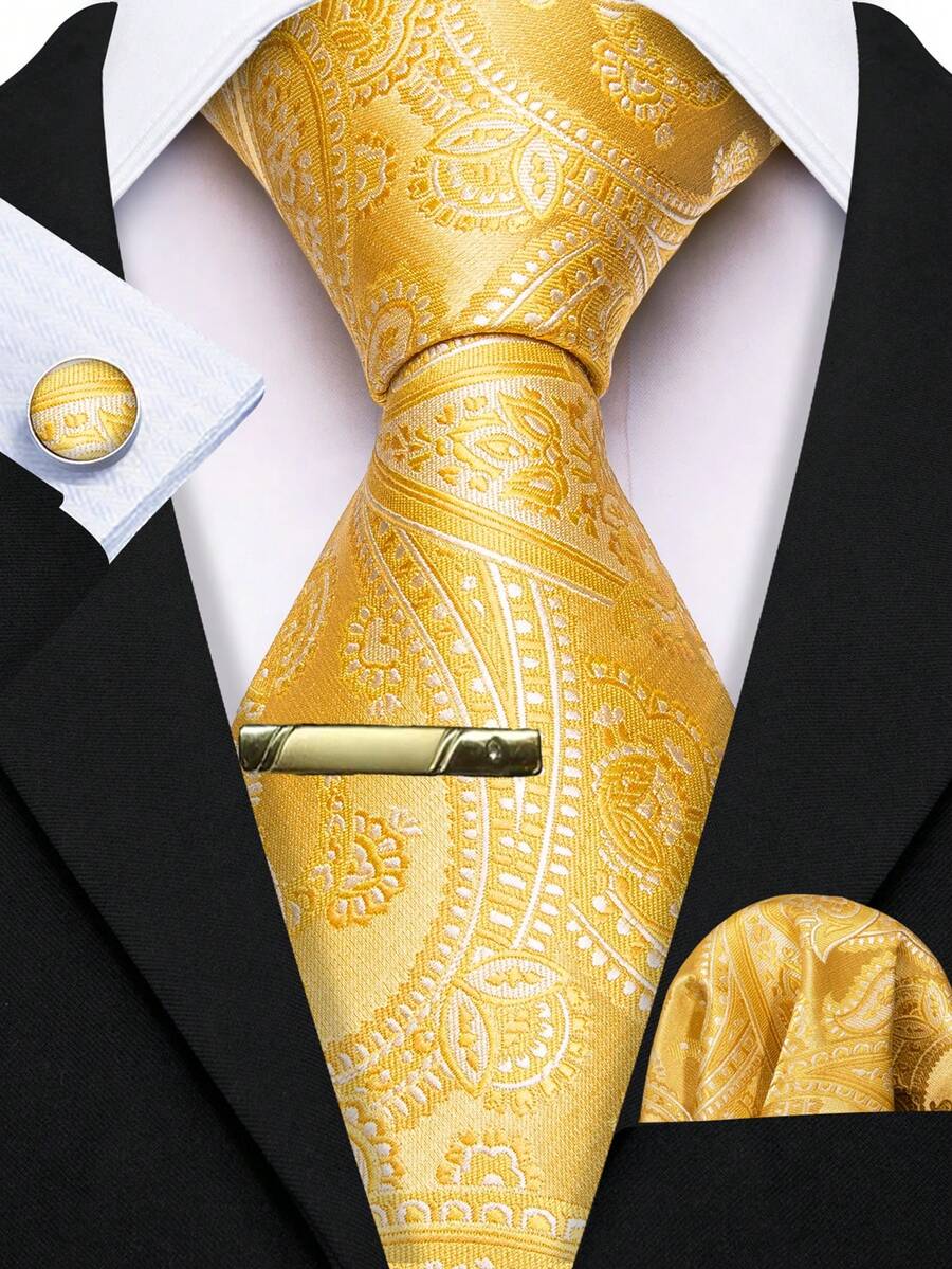 金色佩斯利領帶 4 件組配件套裝,豪華配件適用於婚禮、VIP 接待與高級派對 - 金黃色 - 查看 1