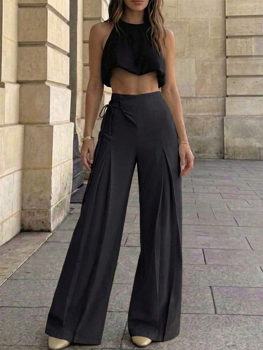 Perirose Minimalist Wide Leg Trousers In Brown, With Side Tie Design, Suitable For Office Fashion And Urban Walks In Spring/Summer - Dark Grey - View 1