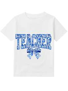 Boys' And Girls' T-Shirt With "Teacher" Text Print And Blue Floral Watercolor Bow, Casual Top For Everyday Wear And Back To School, Children's Clothing - 白色 - 查看 3