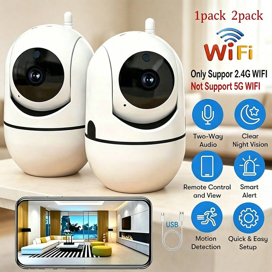 1/2pcs 1080P Smart WiFi Security Camera, 360° Rotating, Night Vision, Two-Way Audio, Motion Detection Alarm, USB Powered Indoor Wireless Camera With Siren, 24/7 Recording, Wide Angle Lens, Remote Access Via App
