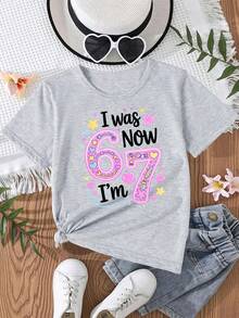 Camiseta Creativa y Dulce para Niñas WML con Estampado de Dibujos Animados del Número 67 - Gris - Ver 2