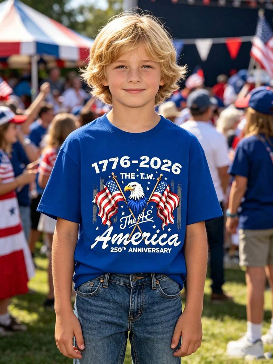 Boys' T-Shirt With American Flag And Bald Eagle For The 250th Anniversary (1776-2026) – 250th Anniversary Of Independence, Loose-Fitting Eagle Print T-Shirt, Gift Idea - 寶藍色 - 查看 1