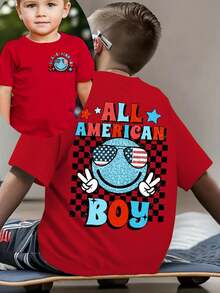 Camiseta de manga corta de moda para niños 'Día de la Independencia Americana' 'ALL AMERICA BOY' con elementos a cuadros y estampado de dibujos animados de doble cara, top casual para exteri - Verde militar - Ver 11