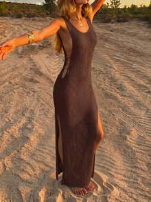 Women's Summer 2026 New Bohemian Sexy Hollow Out Casual Sheer Sleeveless Slim Fit Flattering Backless Design Long Dress Vacation Beach - Chocolate Brown - View 3