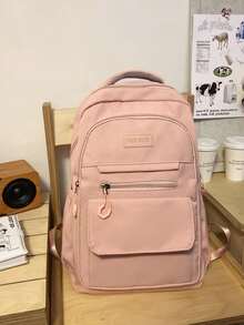 Mochila minimalista blanca crema para estudiantes, mochila de nylon suave con múltiples bolsillos y etiqueta de parche de cuero para la escuela & el transporte diario - Multicolor - Ver 11
