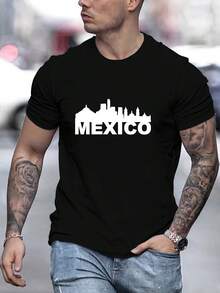 Men's Casual Crew Neck T-Shirt, With Silhouette Design, For Spring, Summer And Autumn, Soft. - 黑色 - 查看 1