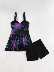 Nuevo conjunto de traje de baño tankini con falda estampada  para mujer, traje de baño ajustado para mujer, tankini con estampado tropical - Morado - Ver 4