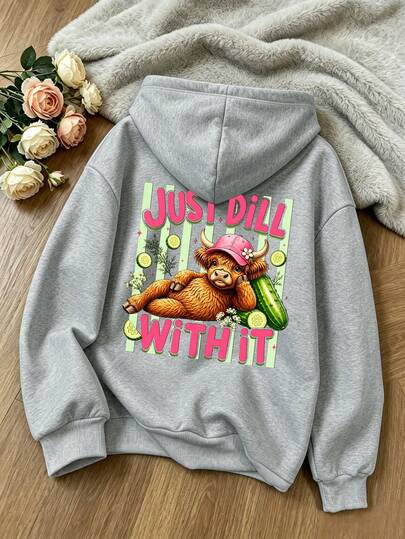 Plus-Size Women's Casual Hoodie, With Cartoon Cow And Cucumber Prints, Drawstring Pockets, Autumn And Winter Sports Top, Hooded Sweatshirt.