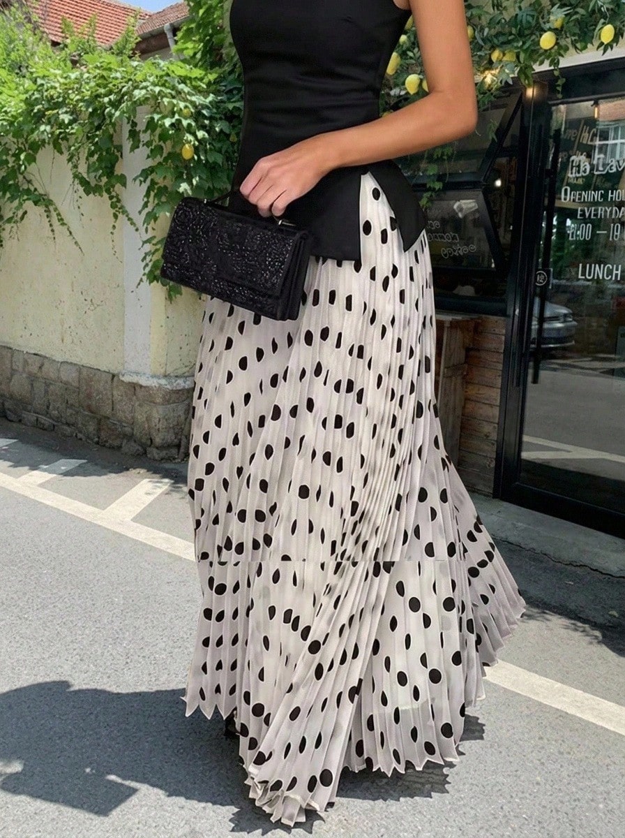 Rikumo 女款法式優雅波點百褶裙，白色休閒度假風夏季裙