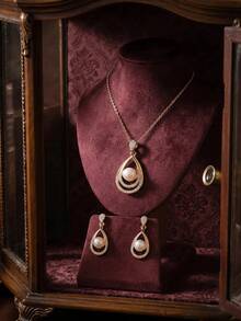 Ensemble de bijoux élégant 3 pièces avec perles en forme de double larme et strass, collier et boucles d'oreilles pour femme, accessoires de mariage et de fête - Doré - Voir 2