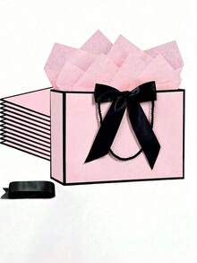 20/10/5/1pc Small Horizontal Kraft Paper Gift Bags With Ribbon Handles, Suitable For Weddings, Bridal Showers And Bachelorette Parties, Perfect For Birthdays, Weddings, Bridal Showers And Shopping (Black And Pink) - A - View 5